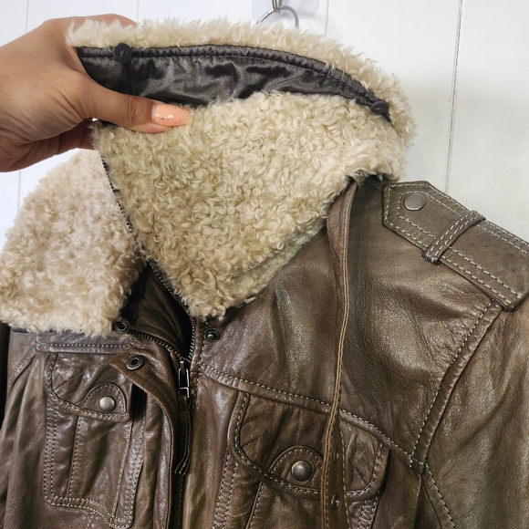 Vintage Leather Jacket Green Aviator Shearling Collar Cuffs 1990s Womens Medium - Picture 6 of 16